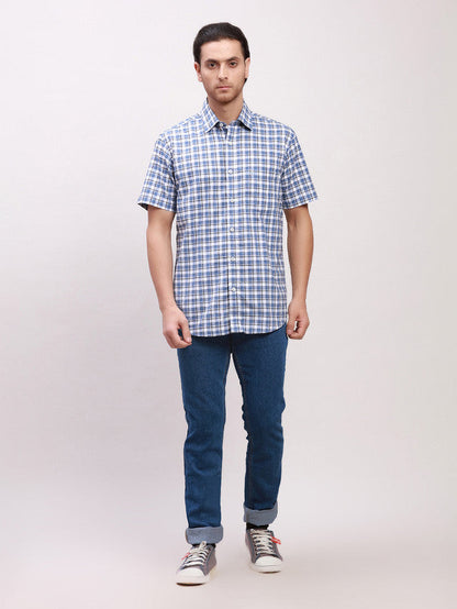 Colorplus Men Blue Checkered Tailored Fit Half Sleeve Spread Collar Shirt