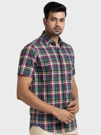 Colorplus Men Red Tailored Fit Checks Cotton Shirt