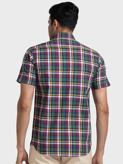 Colorplus Men Red Tailored Fit Checks Cotton Shirt