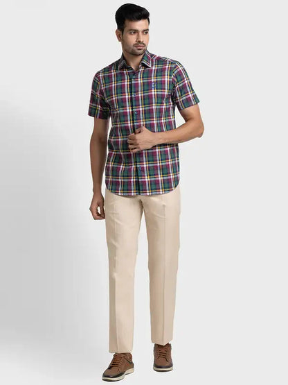 Colorplus Men Red Tailored Fit Checks Cotton Shirt