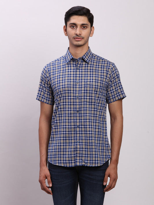 Colorplus Blue Checks Regular Fit Half Sleeve Cotton Shirt
