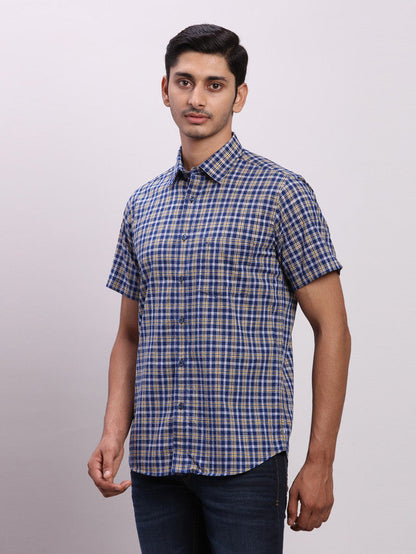 Colorplus Blue Checks Regular Fit Half Sleeve Cotton Shirt