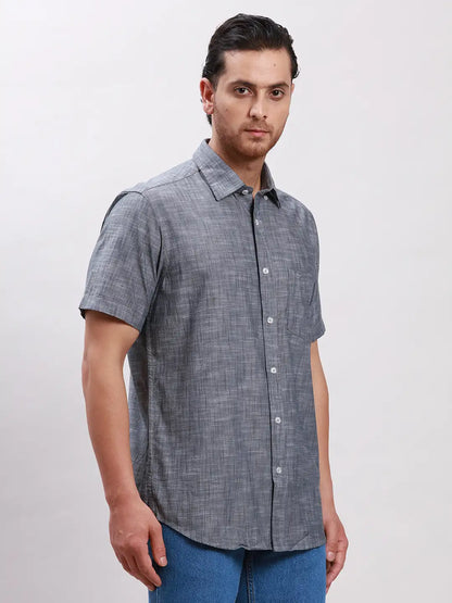 Colorplus Men Grey Tailored Fit Solid Cotton Half Sleeve Shirts