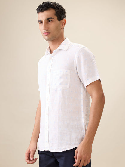 Colorplus Men White Jacquard Regular Fit Linen Blend Half Sleeve Casual Shirt