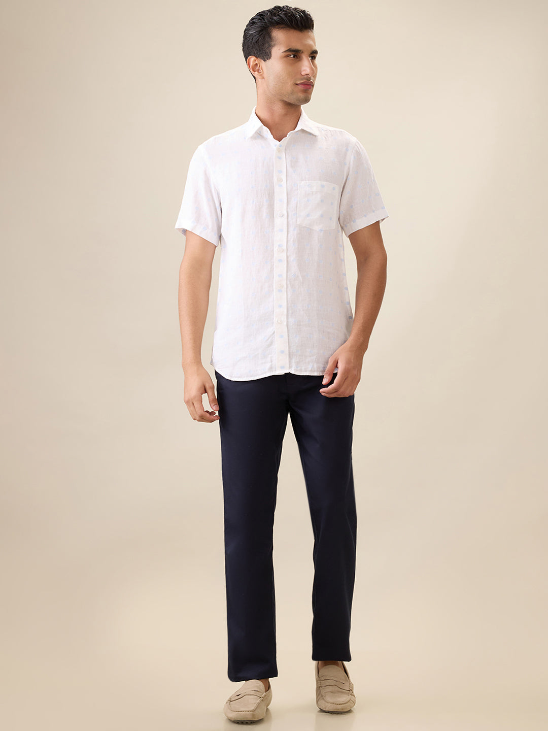 Colorplus Men White Jacquard Regular Fit Linen Blend Half Sleeve Casual Shirt