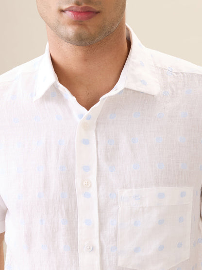 Colorplus Men White Jacquard Regular Fit Linen Blend Half Sleeve Casual Shirt