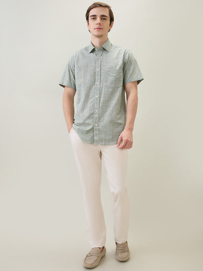 Colorplus Men Green Dobby Regular Fit Cotton Half Sleeve Casual Shirt