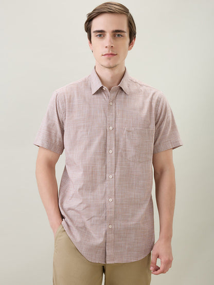 Colorplus Men Brown Dobby Regular Fit Cotton Half Sleeve Casual Shirt