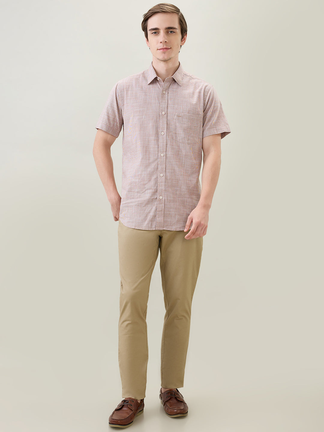 Colorplus Men Brown Dobby Regular Fit Cotton Half Sleeve Casual Shirt