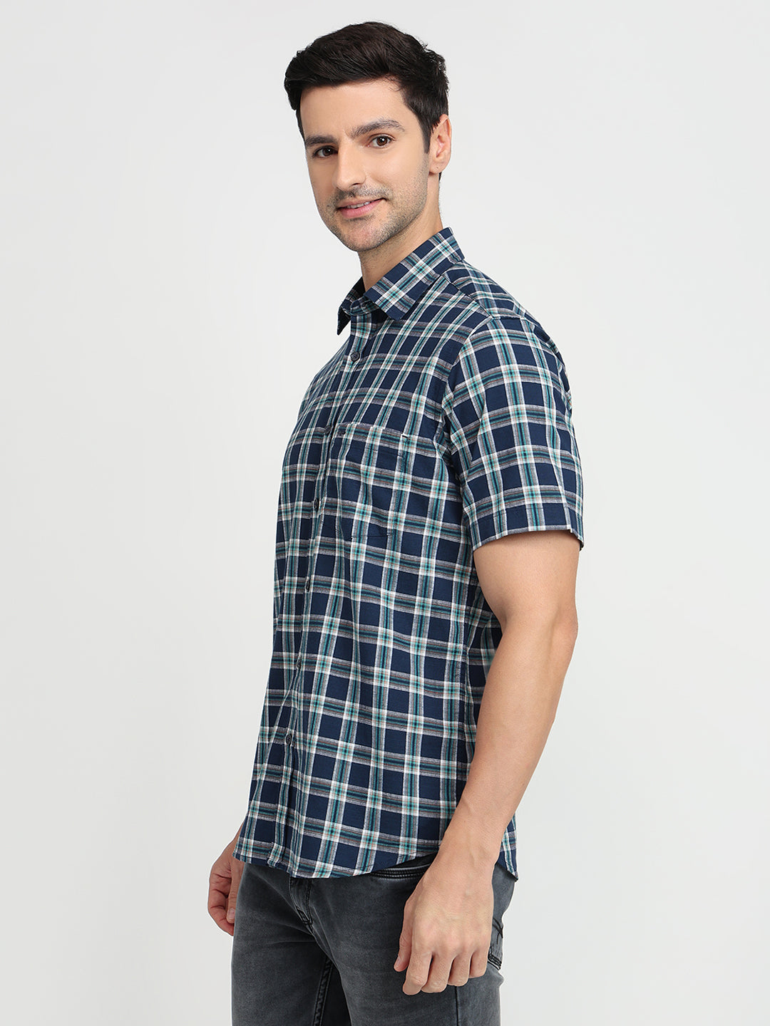 Colorplus Men Blue Checks Regular Fit Cotton Half Sleeve Casual Shirt