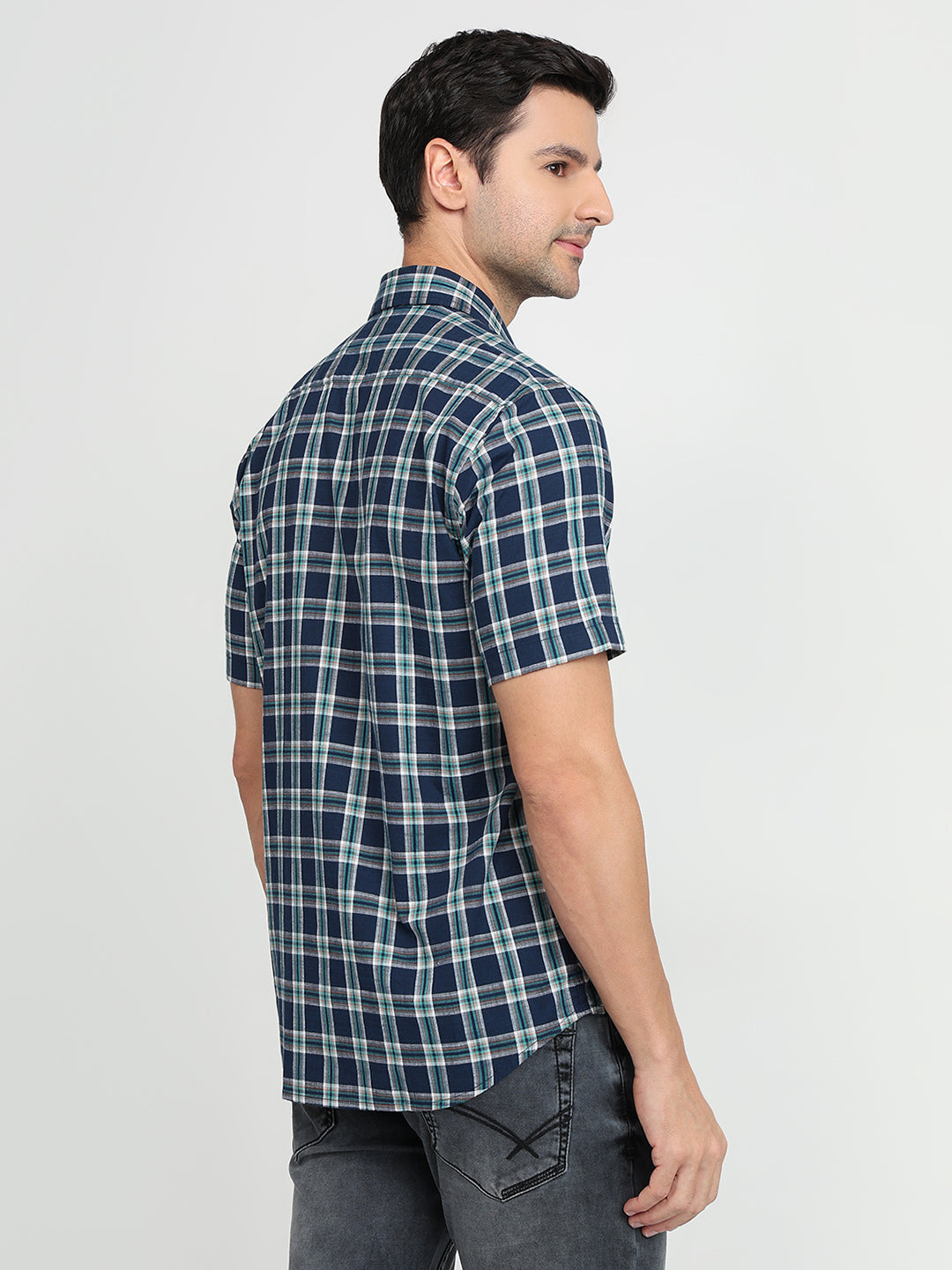 Colorplus Men Blue Checks Regular Fit Cotton Half Sleeve Casual Shirt