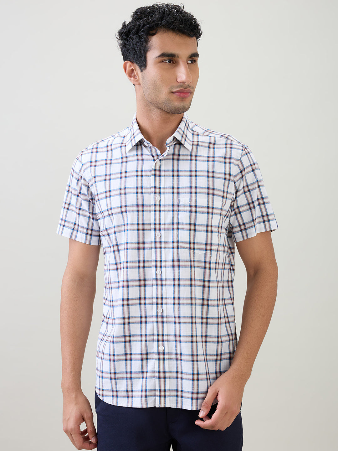 Colorplus Men White Checks Regular Fit Cotton Half Sleeve Casual Shirt