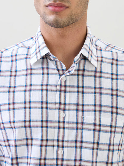 Colorplus Men White Checks Regular Fit Cotton Half Sleeve Casual Shirt