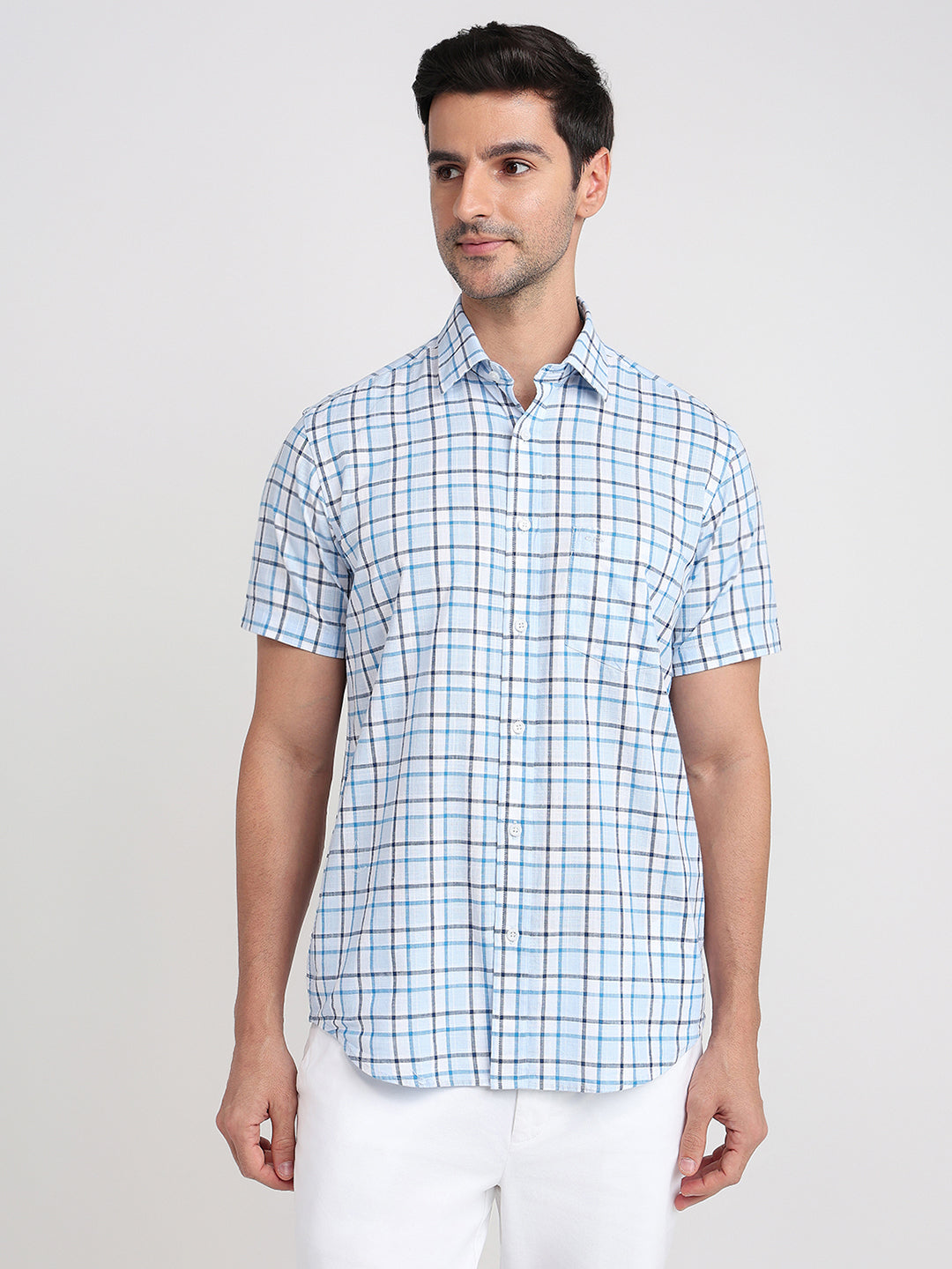 Colorplus Men Blue Checks Regular Fit Cotton Half Sleeve Casual Shirt