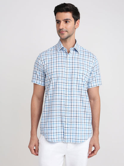 Colorplus Men Blue Checks Regular Fit Cotton Half Sleeve Casual Shirt