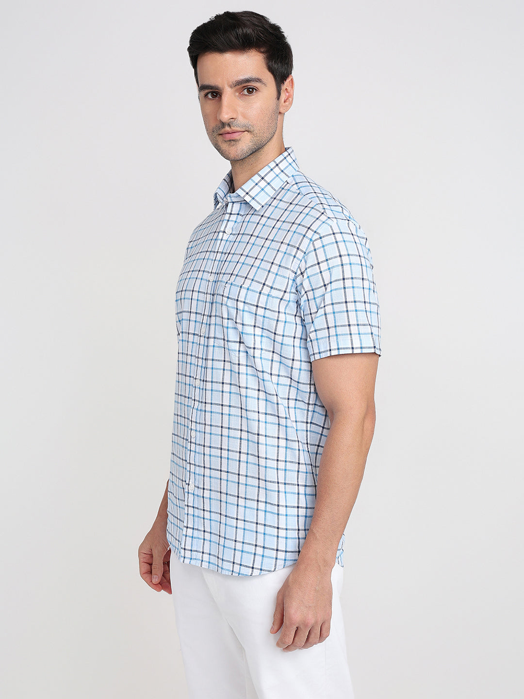 Colorplus Men Blue Checks Regular Fit Cotton Half Sleeve Casual Shirt