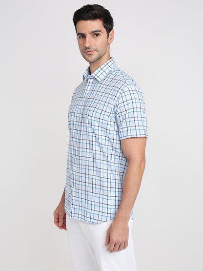 Colorplus Men Blue Checks Regular Fit Cotton Half Sleeve Casual Shirt