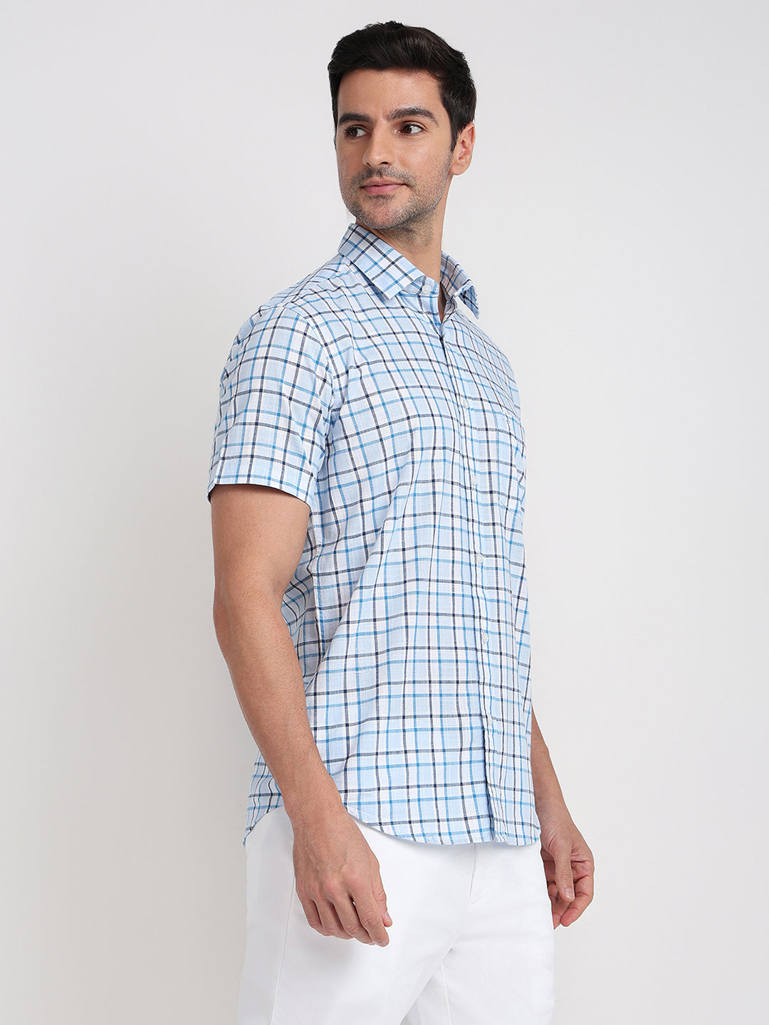 Colorplus Men Blue Checks Regular Fit Cotton Half Sleeve Casual Shirt