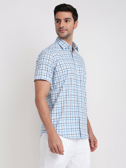 Colorplus Men Blue Checks Regular Fit Cotton Half Sleeve Casual Shirt
