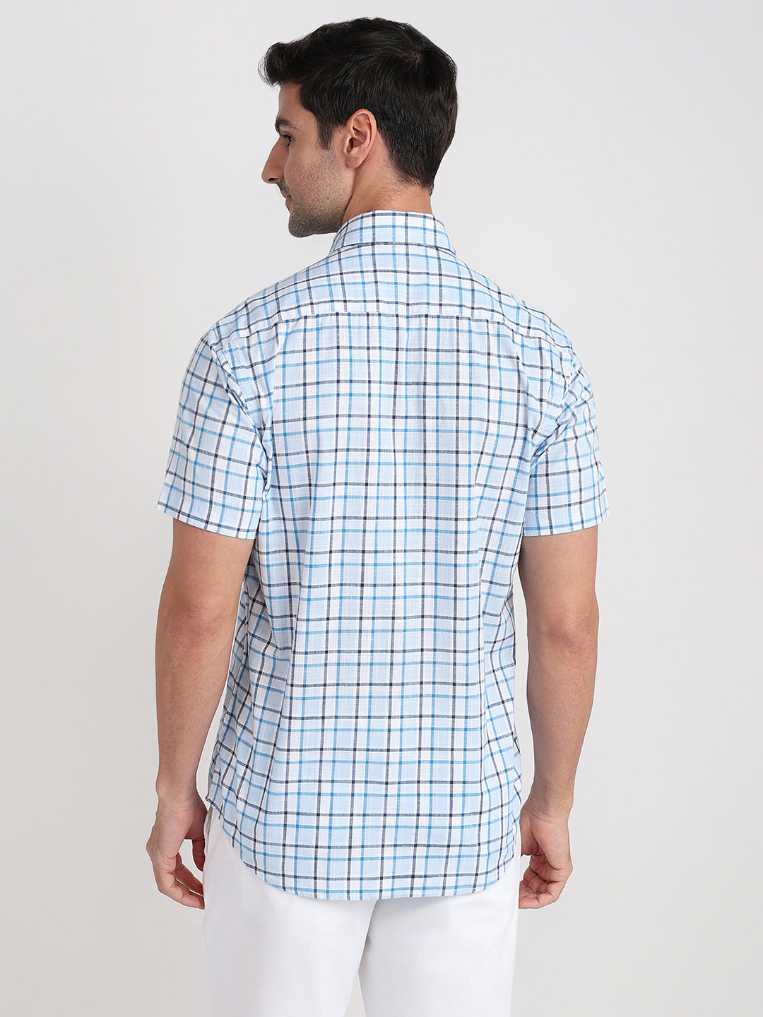Colorplus Men Blue Checks Regular Fit Cotton Half Sleeve Casual Shirt