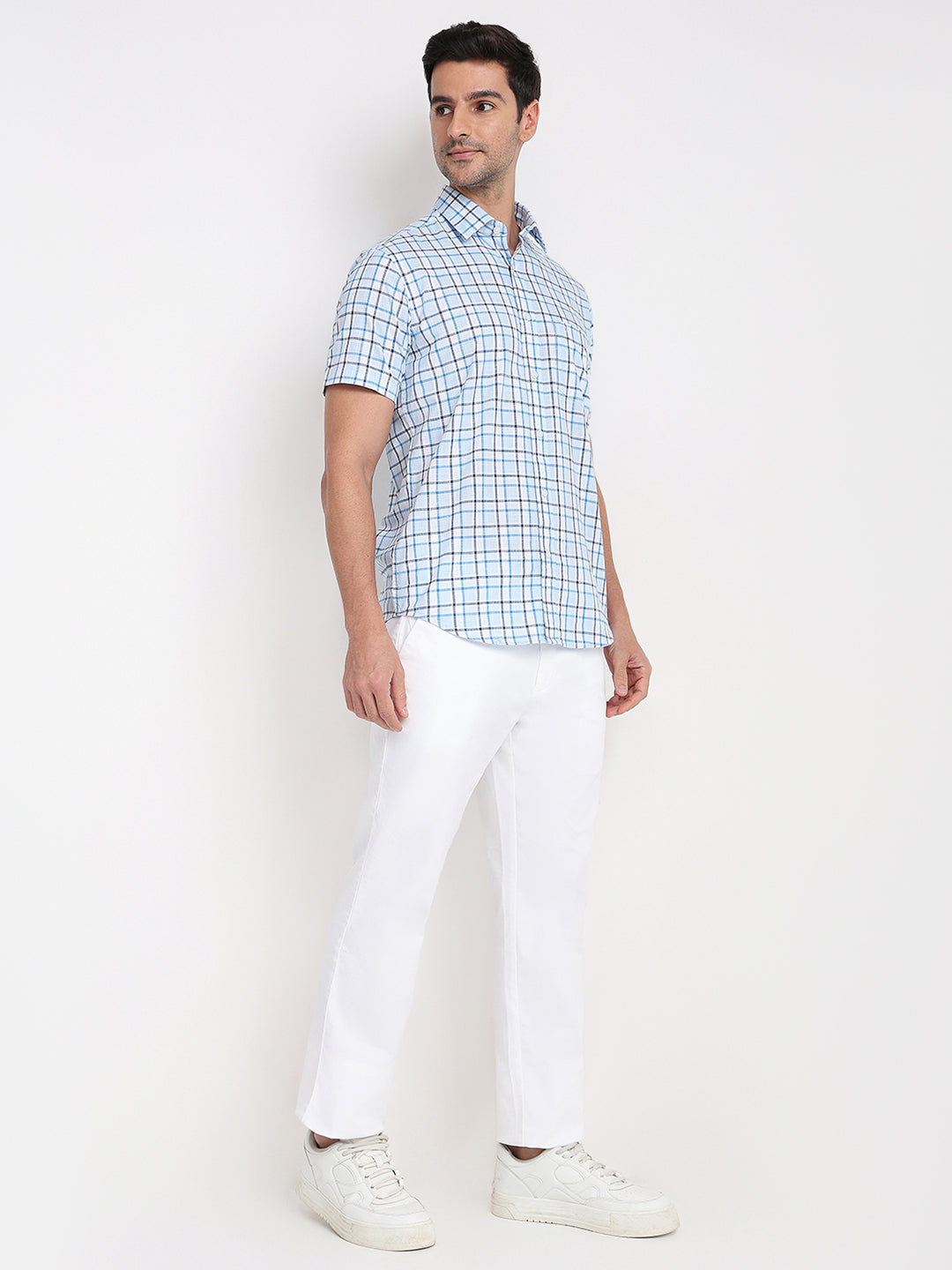 Colorplus Men Blue Checks Regular Fit Cotton Half Sleeve Casual Shirt