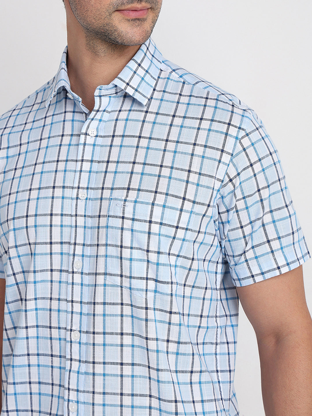 Colorplus Men Blue Checks Regular Fit Cotton Half Sleeve Casual Shirt