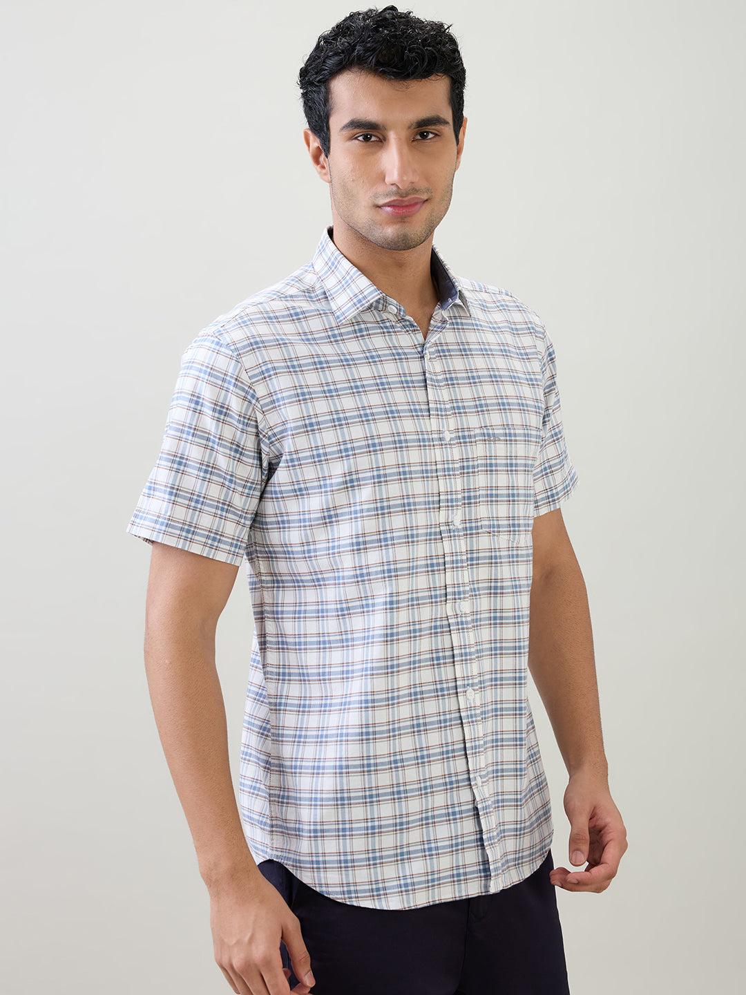 Colorplus Men Blue Checks Regular Fit Cotton Half Sleeve Casual Shirt