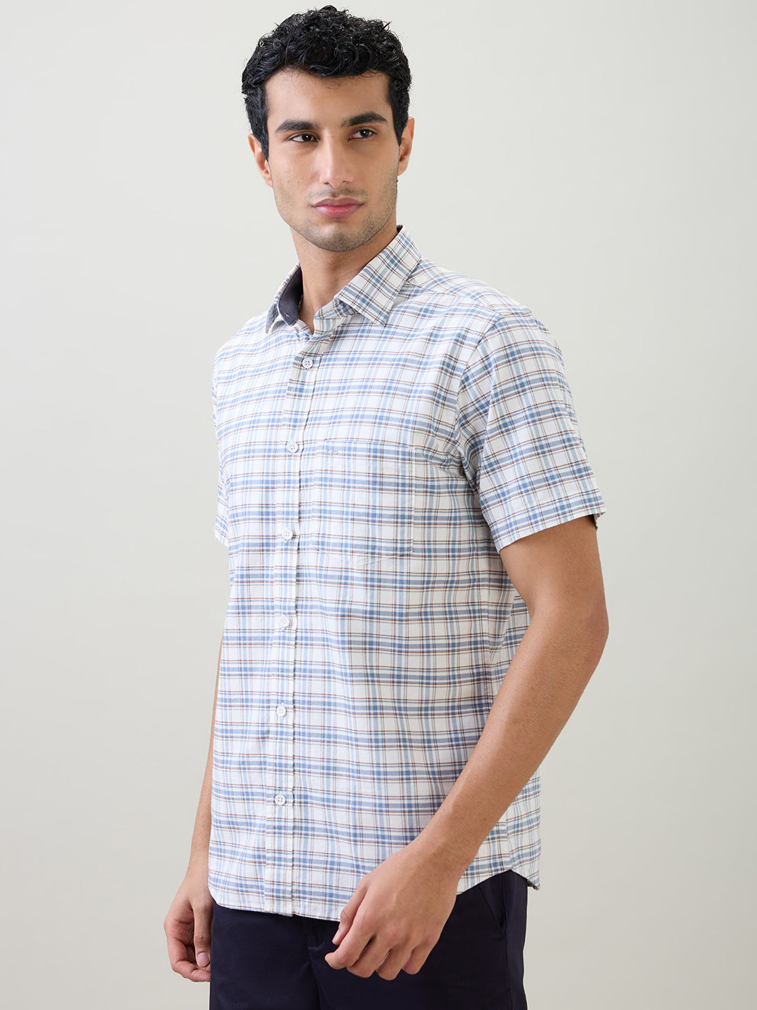 Colorplus Men Blue Checks Regular Fit Cotton Half Sleeve Casual Shirt