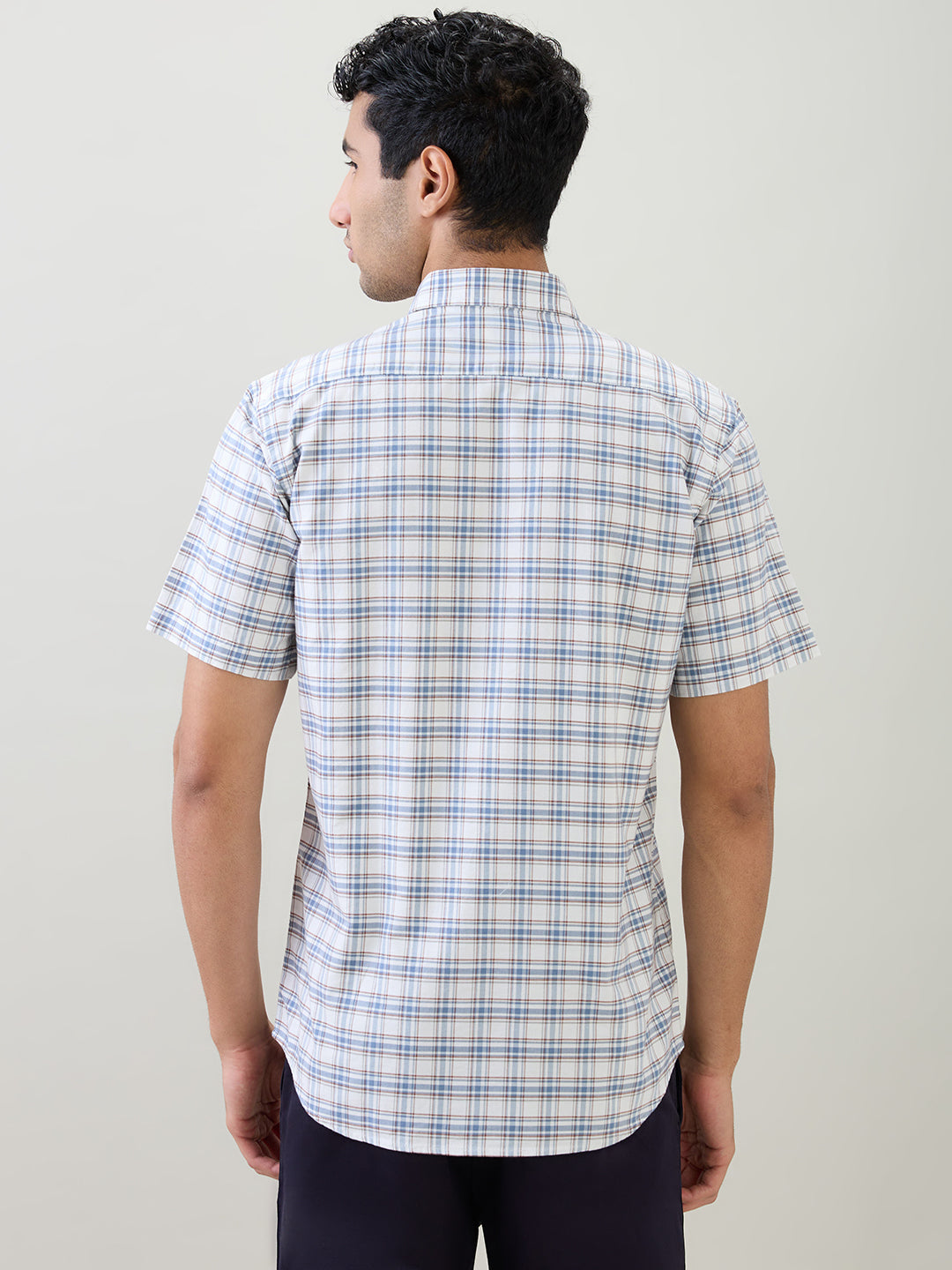 Colorplus Men Blue Checks Regular Fit Cotton Half Sleeve Casual Shirt