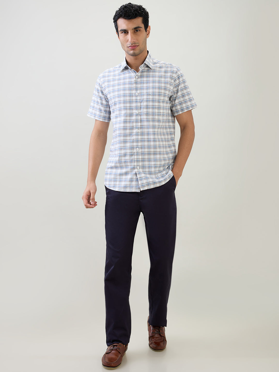 Colorplus Men Blue Checks Regular Fit Cotton Half Sleeve Casual Shirt