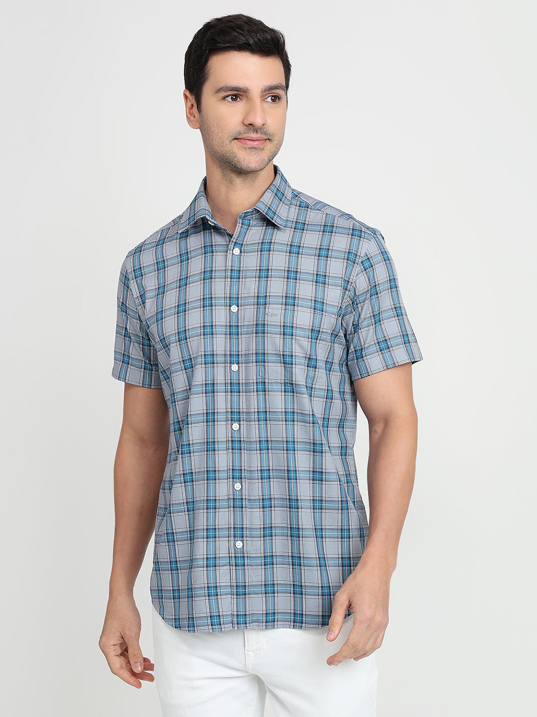 Colorplus Men Blue Checks Regular Fit Cotton Half Sleeve Casual Shirt