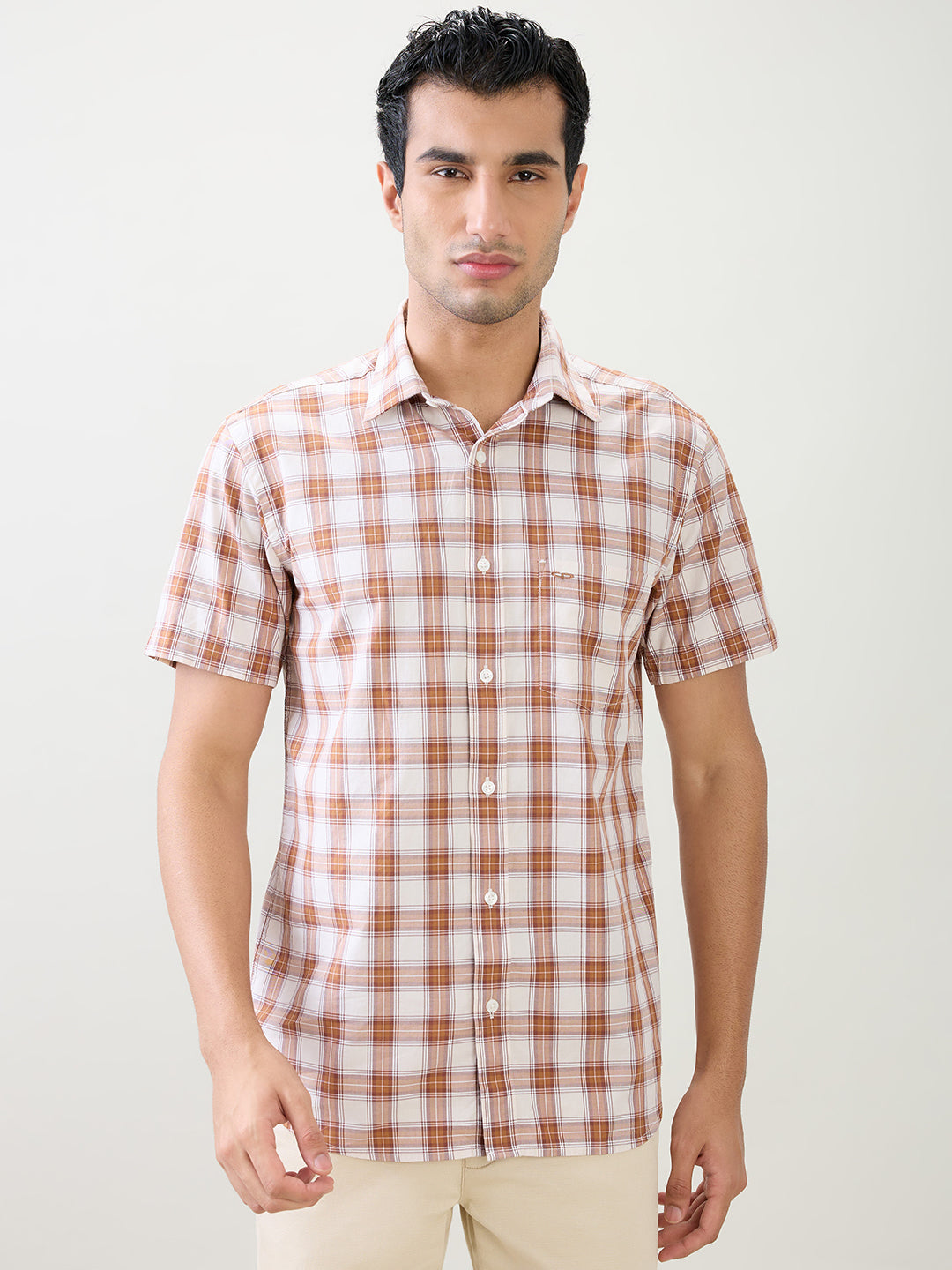 Colorplus Men Brown Checks Regular Fit Cotton Half Sleeve Casual Shirt