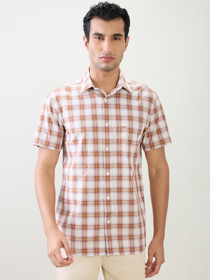 Colorplus Men Brown Checks Regular Fit Cotton Half Sleeve Casual Shirt