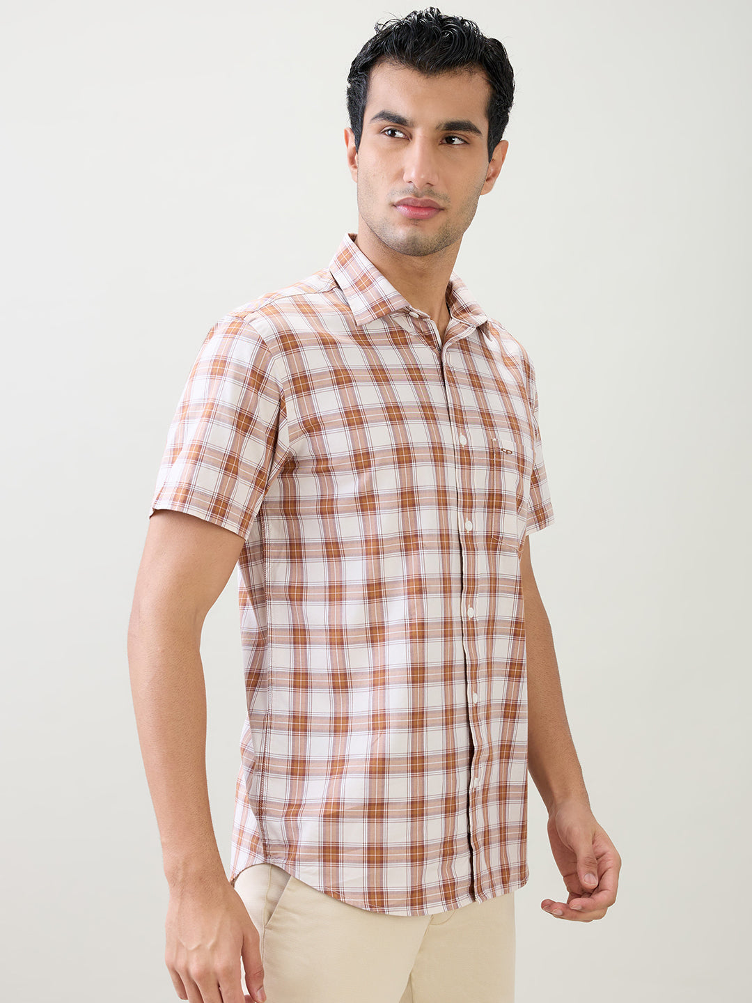 Colorplus Men Brown Checks Regular Fit Cotton Half Sleeve Casual Shirt
