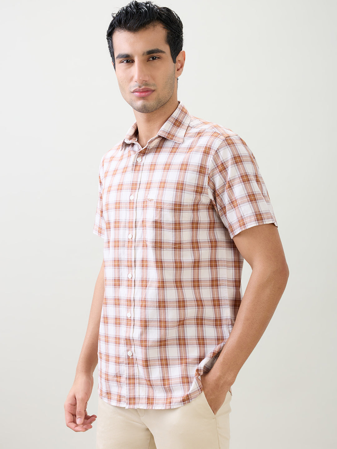 Colorplus Men Brown Checks Regular Fit Cotton Half Sleeve Casual Shirt