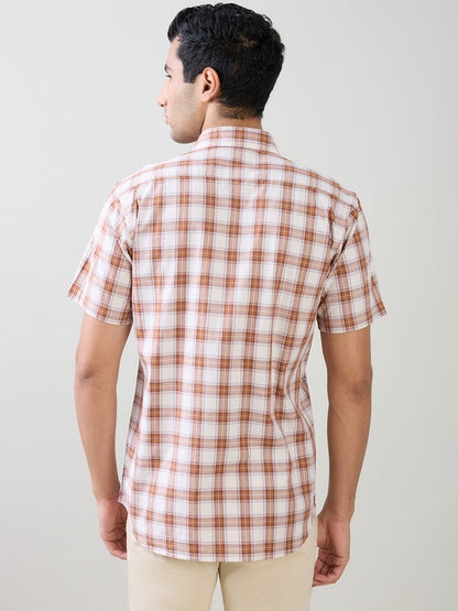 Colorplus Men Brown Checks Regular Fit Cotton Half Sleeve Casual Shirt
