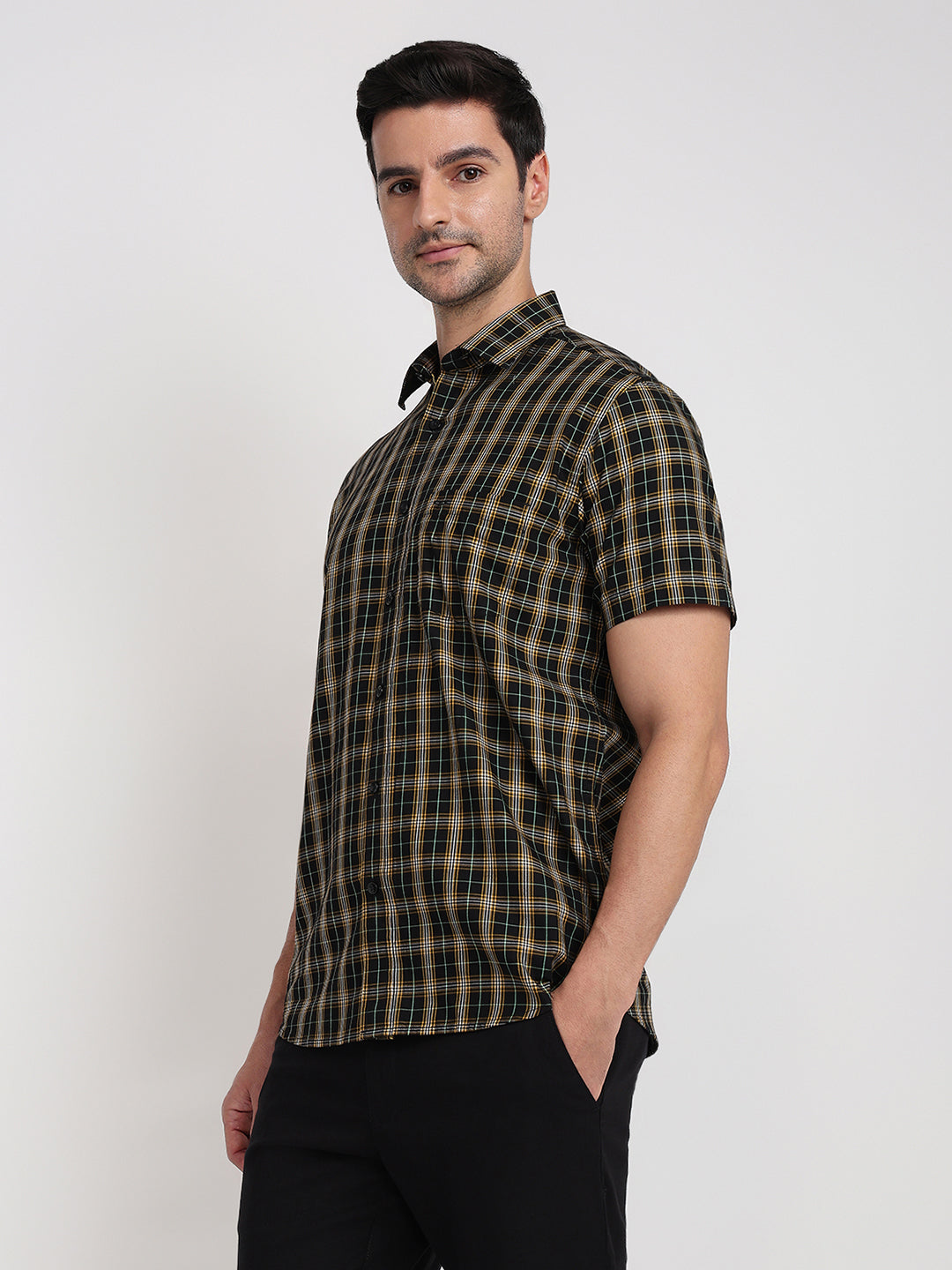 Colorplus Men Black Checks Regular Fit Cotton Half Sleeve Casual Shirt