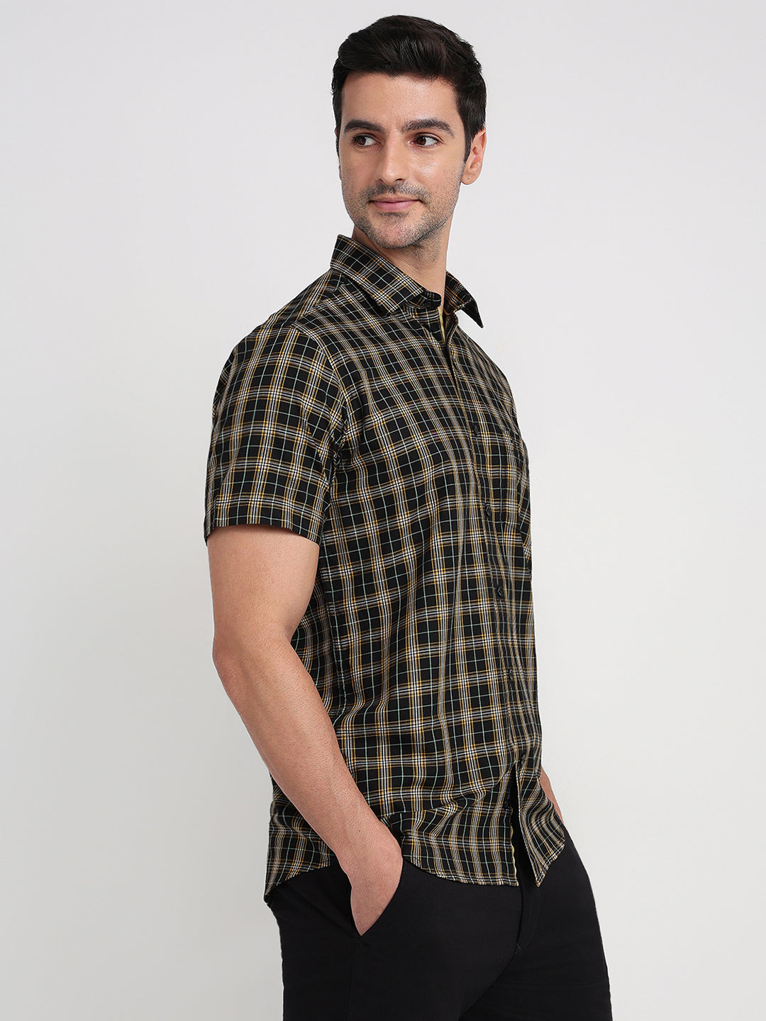 Colorplus Men Black Checks Regular Fit Cotton Half Sleeve Casual Shirt