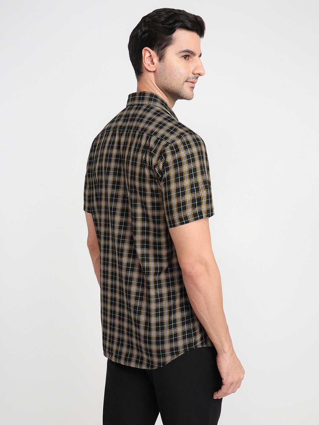 Colorplus Men Black Checks Regular Fit Cotton Half Sleeve Casual Shirt