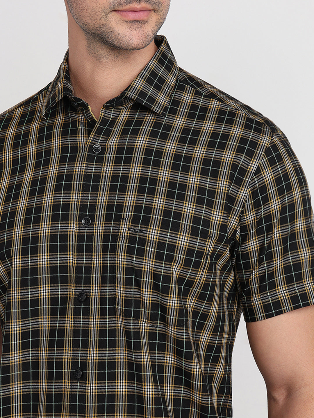 Colorplus Men Black Checks Regular Fit Cotton Half Sleeve Casual Shirt