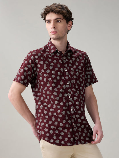 Colorplus Men Brown Printed Regular Fit Cotton Half Sleeve Casual Shirt