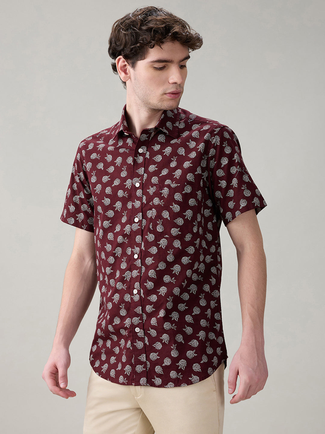 Colorplus Men Brown Printed Regular Fit Cotton Half Sleeve Casual Shirt