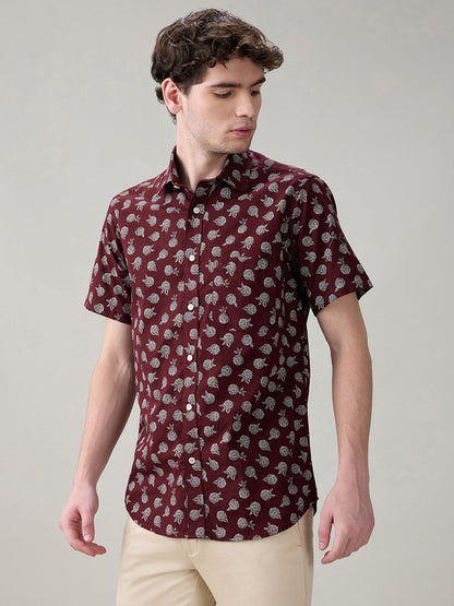 Colorplus Men Brown Printed Regular Fit Cotton Half Sleeve Casual Shirt
