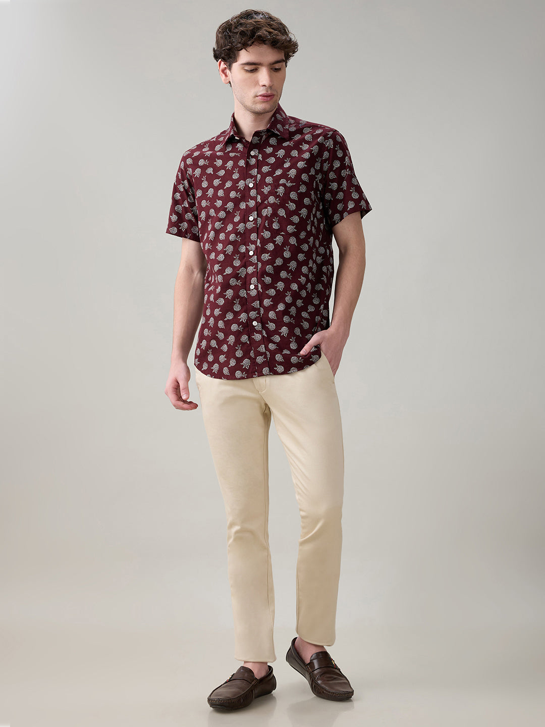 Colorplus Men Brown Printed Regular Fit Cotton Half Sleeve Casual Shirt