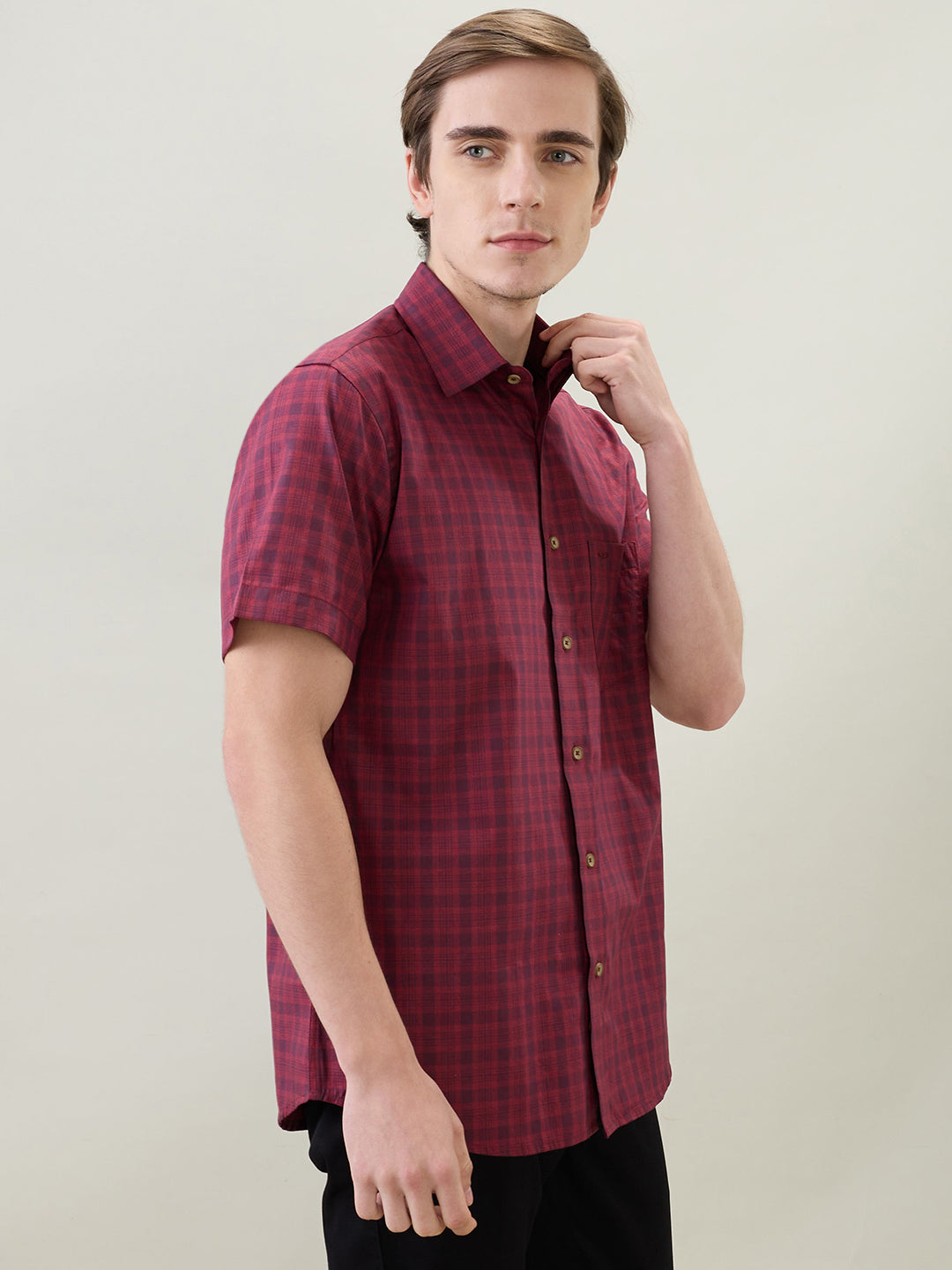 Colorplus Men Maroon Checks Regular Fit Cotton Half Sleeve Casual Shirt