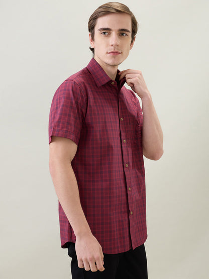Colorplus Men Maroon Checks Regular Fit Cotton Half Sleeve Casual Shirt