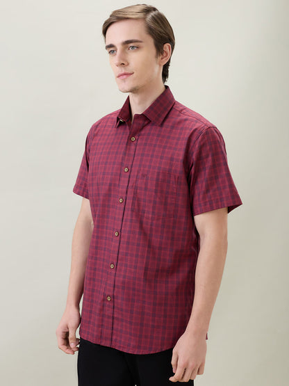 Colorplus Men Maroon Checks Regular Fit Cotton Half Sleeve Casual Shirt