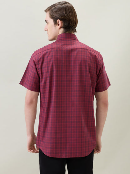 Colorplus Men Maroon Checks Regular Fit Cotton Half Sleeve Casual Shirt