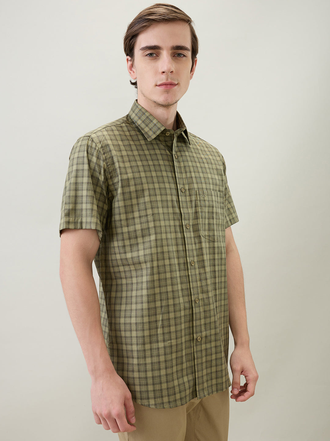 Colorplus Men Green Checks Regular Fit Cotton Half Sleeve Casual Shirt
