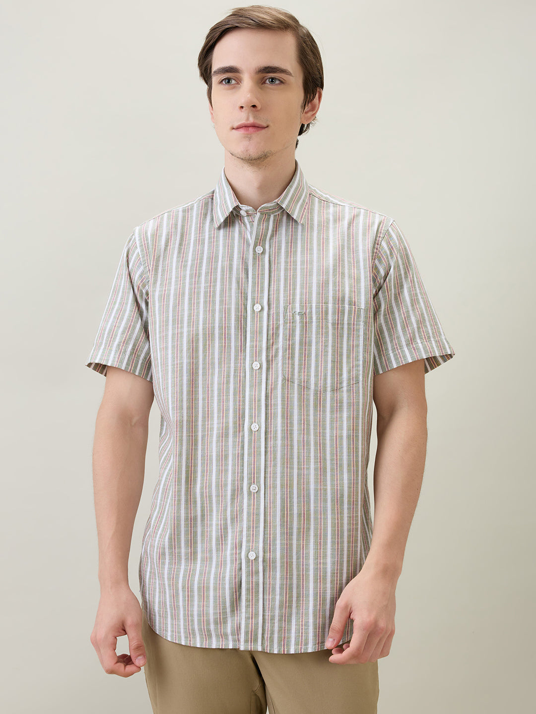 Colorplus Men Green Stripe Regular Fit Cotton Half Sleeve Casual Shirt